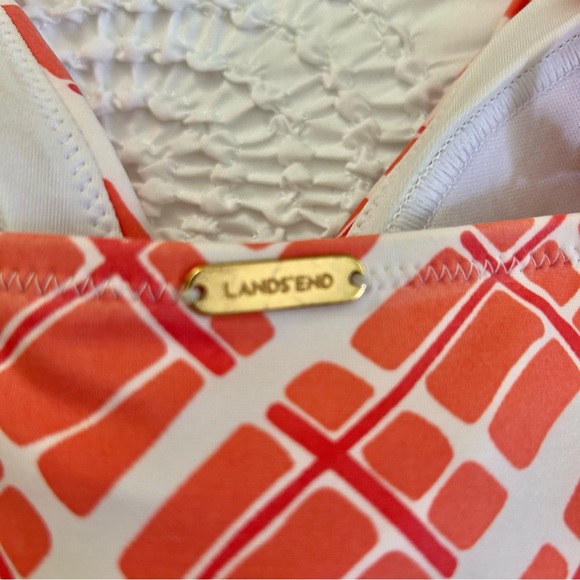 Land’s End Orange & White Ruching at Waist Lightly Padded Cups Tankini Top Sz 10 - Picture 10 of 15